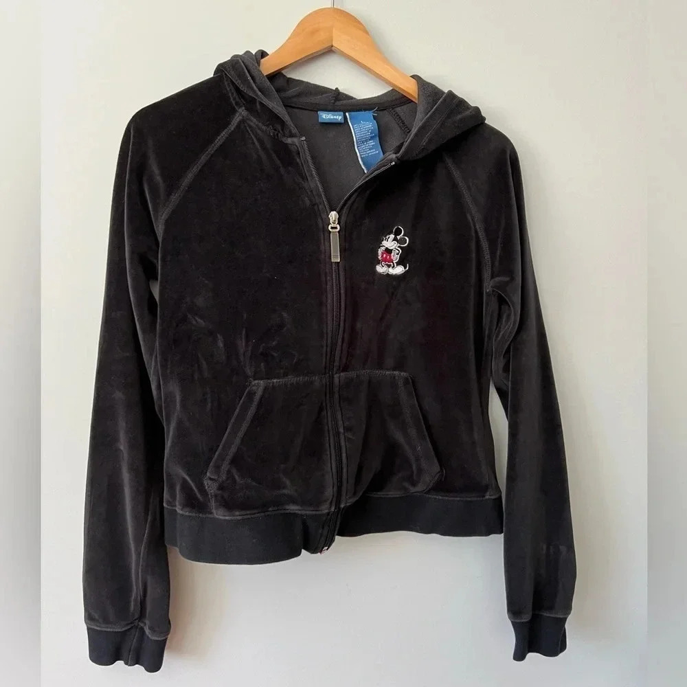 Mickey  Mouse Disney Velour Black Zip-up Hoodie Sweatshirt | Youth L